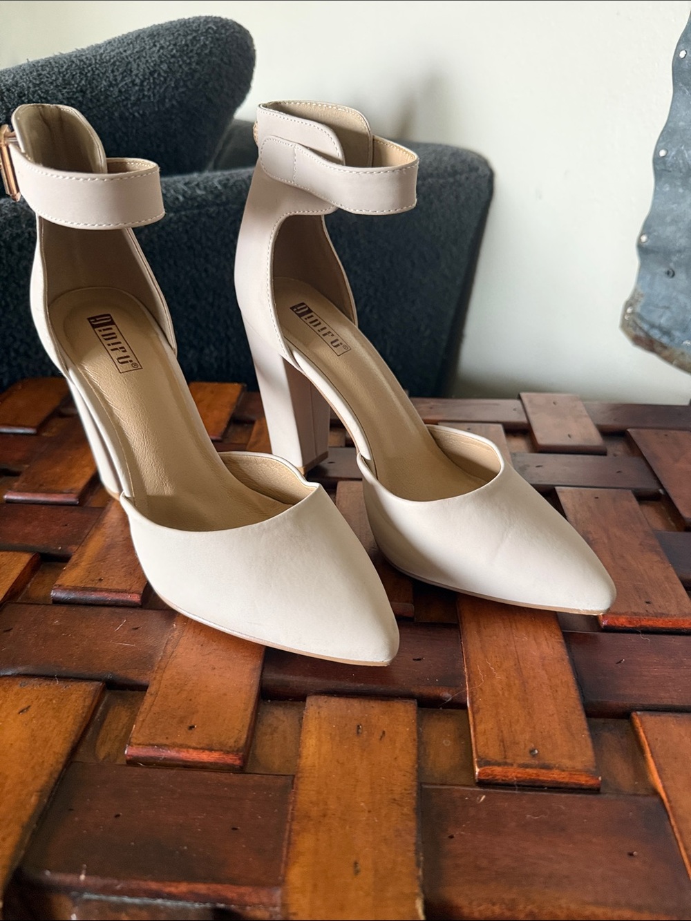 Nude Pointed Toe Ankle Strap Heels